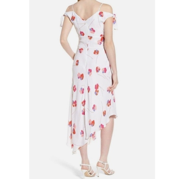 Lewit Tie Sleeve Off Shoulder Floral Asymmetrical Maxi Dress White Pink Size 8 - Picture 7 of 16